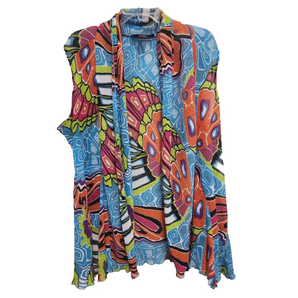 Pleats Collection‎ Womens Artsy Butterfly Cardigan XL Blue Sleeveless Pleated